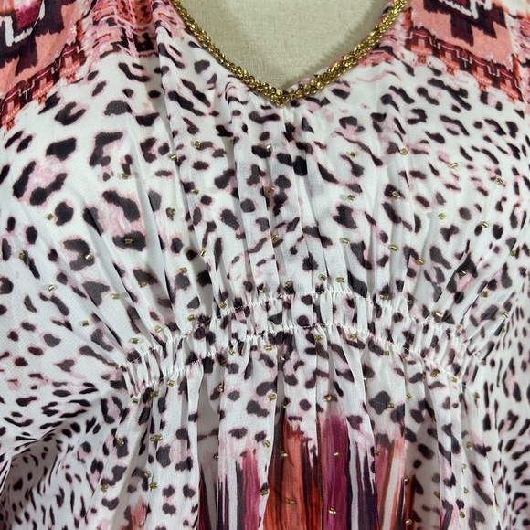 Jennifer Lopez Chiffon Pink Animal Print Caftan Mini Dress Size XS Rhinestone - Picture 5 of 7